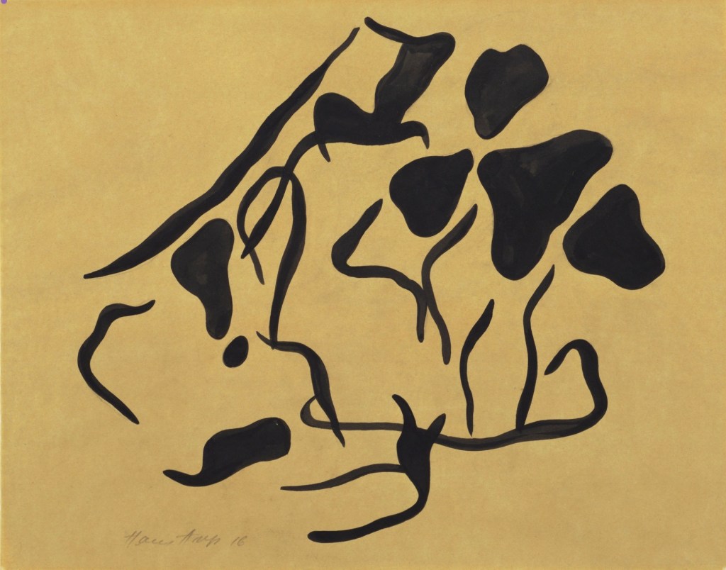 Abstract ink drawing by Jean (Hans) Arp featuring fluid, organic black forms on a beige background, exemplifying automatic drawing techniques.